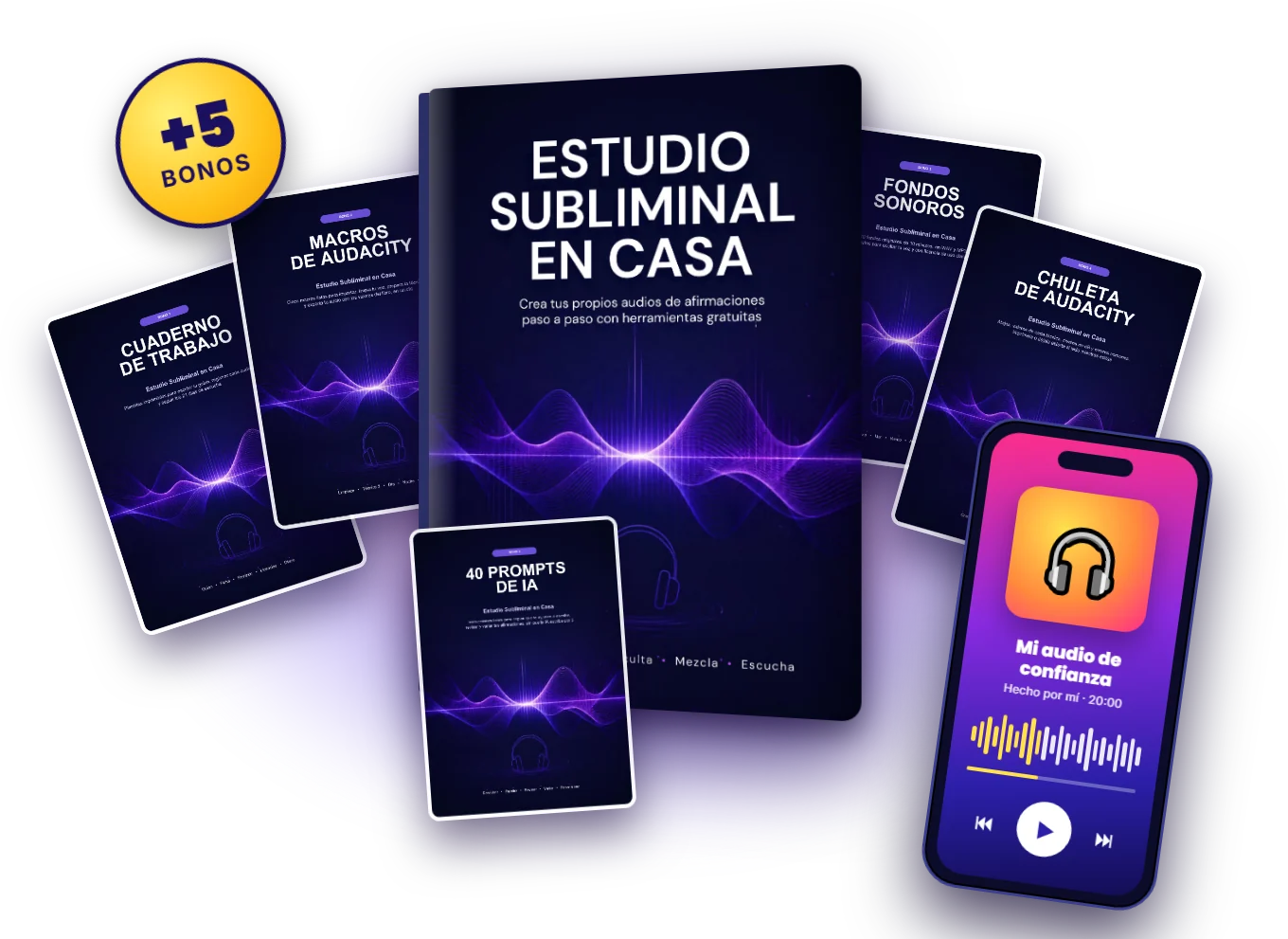 El libro Estudio Subliminal en Casa con sus 5 bonos y un audio creado en el celular